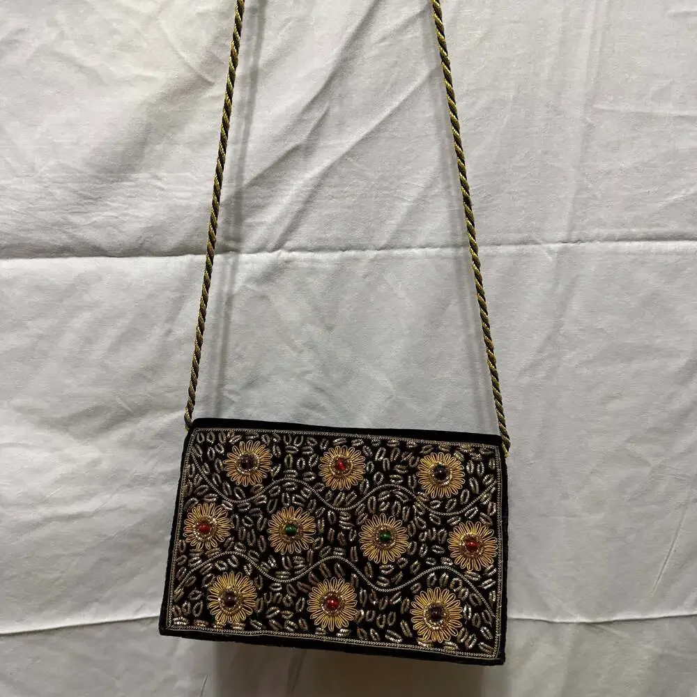 Vintage Zardozi Hand Embroidered Black Velvet Evening Bag with‎ Gemstones